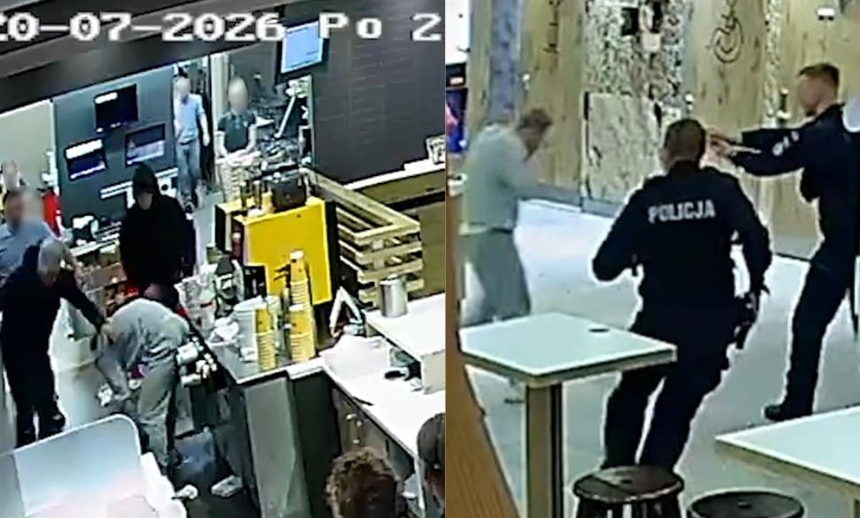 Wbiegli to restauracji i zaczęli go kopać za ladą. Na miejscu momentalnie pojawiła się policja. Opublikowano nagranie z monitoringu Zdjęcie główne wpisu