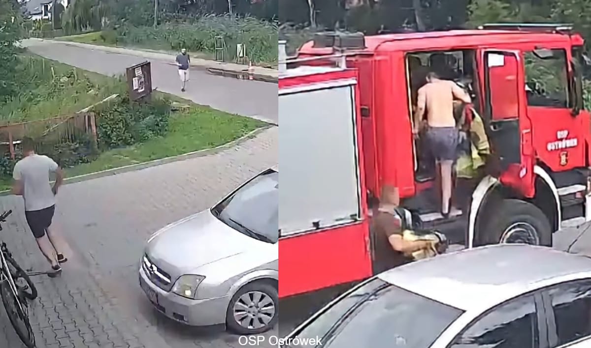 Zaledwie 3 minuty. Niezwykłe nagranie pokazuje błyskawiczną reakcję ochotniczej straży pożarnej od usłyszenia alarmu do wyjazdu na akcję Zdjęcie główne wpisu