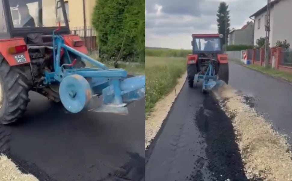 Rolnik zaorał świeżo położony asfalt. Konflikt trwa już 30 lat. Nagranie hitem internetu Zdjęcie główne wpisu