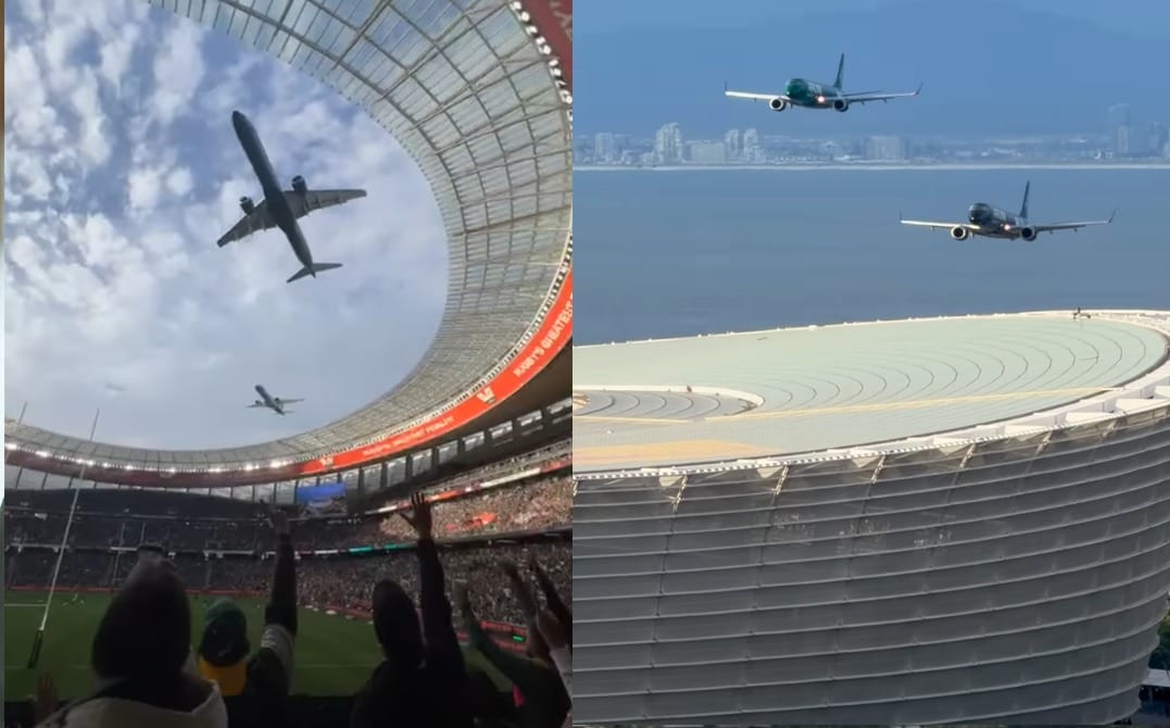 To nie jest AI! Superniebezpieczny przelot dwóch Embraerów kilkanaście metrów nad dachem stadionu w Kapsztadzie Zdjęcie główne wpisu