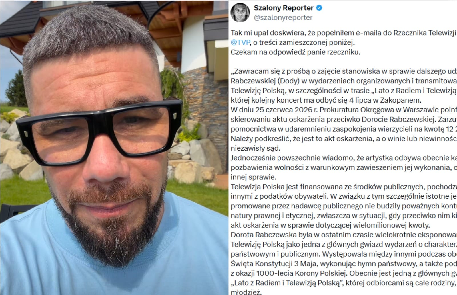 Szalony Reporter domaga się wyrzucenia Dody z TVP. Napisał list do rzecznika Zdjęcie wpisu