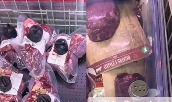 Lidl w Szwecji zamykał mięso w  lodówkach i przyczepiał do nich specjalne alarmy. Zdjęcie wpisu