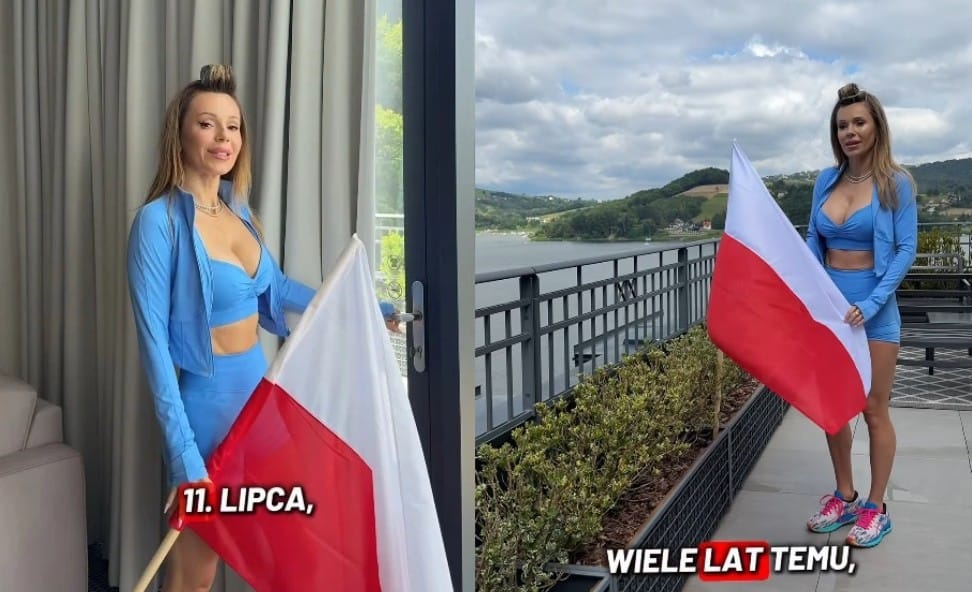 Doda z wałkiem na głowie, stroju sportowym i flagą w ręce przypomina o ważnej dla Polaków dacie. Zdjęcie wpisu
