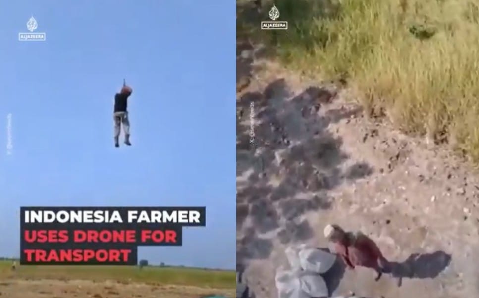 Rolnik z Indonezji zawisł pod wielkim dronem i przeleciał 1,5 kilometra nad polami. Nagranie obiegło świat Zdjęcie wpisu
