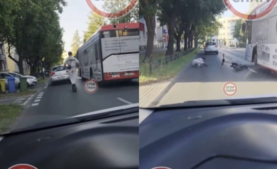 Młody o mało nie wpadł pod autobus po tym jak wywrócił się jadąc środkiem drogi na hulajnodze Zdjęcie wpisu