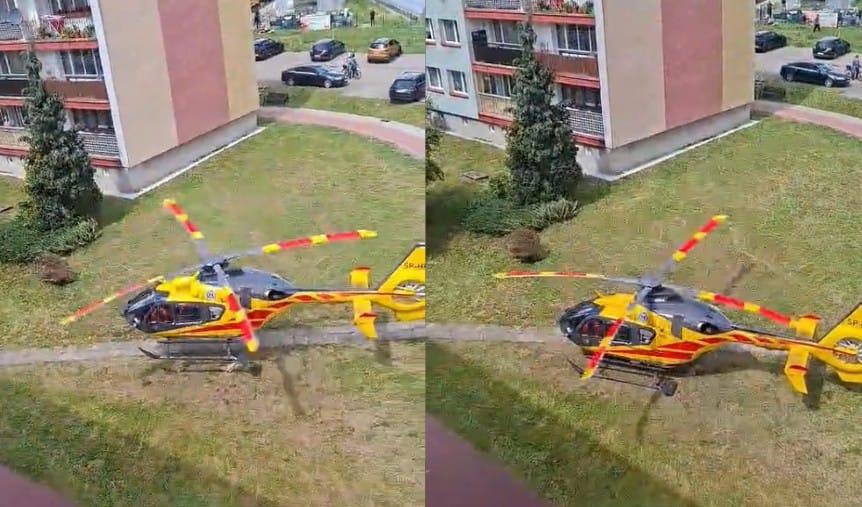 Spektakularne lądowanie helikoptera LPR na trawniku między blokami w Miastku Zdjęcie główne wpisu