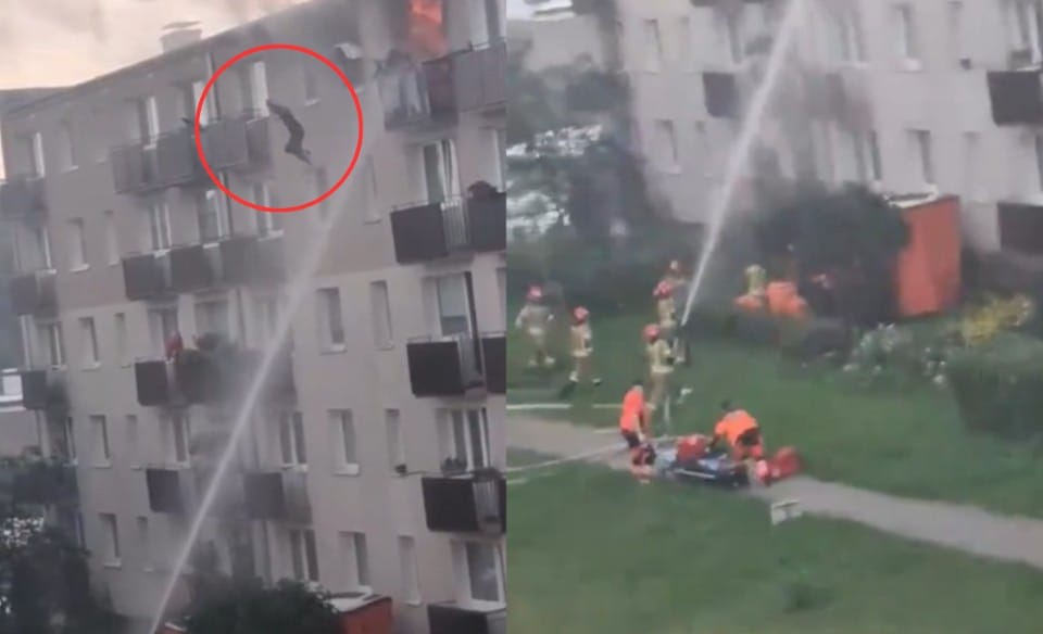 Dramatyczna akcja ratunkowa w Wejherowie. Ogień odciął mieszkańcowi drogę, strażacy rozstawili skokochron Zdjęcie główne wpisu
