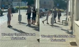 Półnagi mężczyzna latał z nożem po ulicy i groził przechodniom. 38-latek zatrzymany, musiał wytrzeźwieć do przesłuchania
