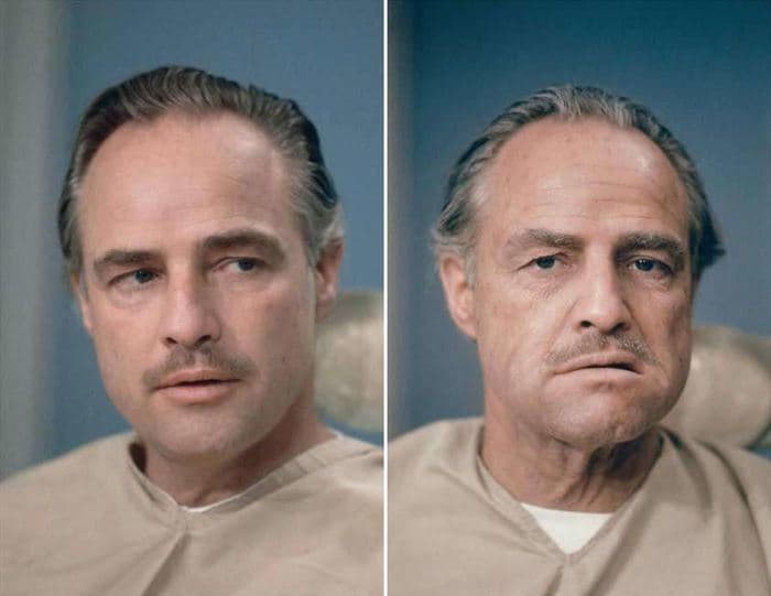 14. Marlon Brando Przed i po nałożeniu charakteryzacji do Ojca Chrzestnego  