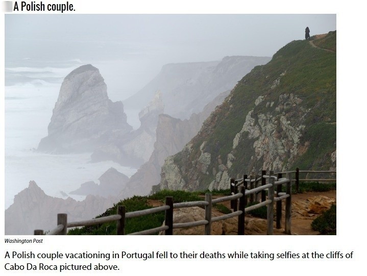 10 Polska para na Cabo Da Roca Polska para straciła życie robiąc sobie selfie nad urwiskiem nad Cabo da Roca. Kawałek skały, na której stali oderwał się i razem z nim spadli w przepaść.