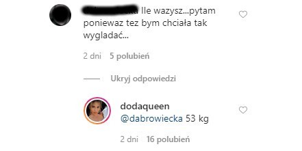 Pochwaliła się też swoją obecną wagą