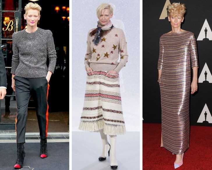 Tilda Swinton maskuje swój duży rozmiar buta.