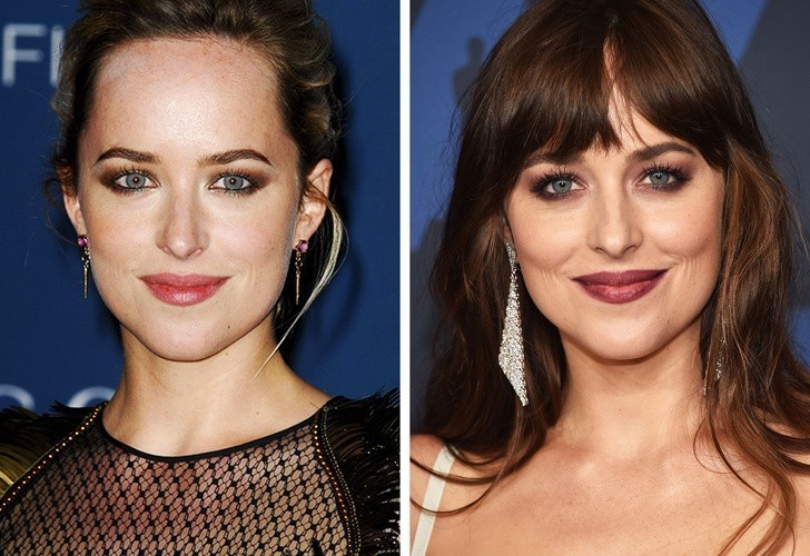 1. Dakota Johnson zmieniła fryzurę na grzywkę przykrywającą jej wydatne czoło.