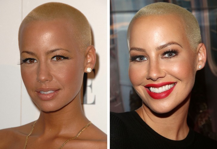 12. Amber Rose, której oczy są naturalnie brązowe, nosi niebieskie szkła kontaktowe, komponujące się z ciepłym kolorem jej skóry.