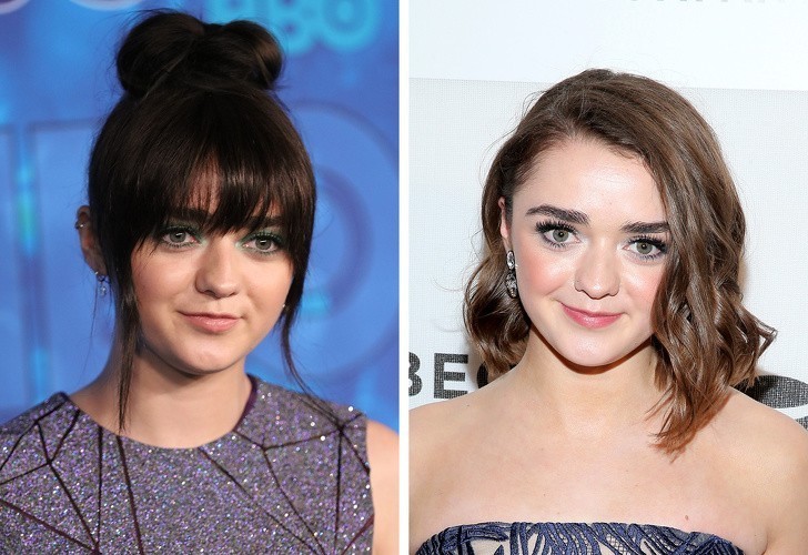 8. Maisie Williams także pozbyła się grzywki, która niezbyt pasowała do jej trójkątnego kształtu twarzy.