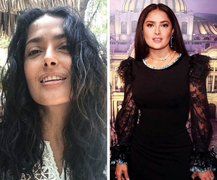 13. Salma Hayek preferuje gładkie i eleganckie fryzury, ale czasem pozwala odpocząć swoim lokom.