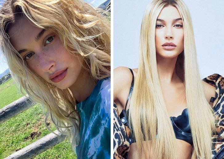 10. Hailey Bieber prostuje włosy, albo układa je tak, by fryzura podkreślała jej naturalne fale.