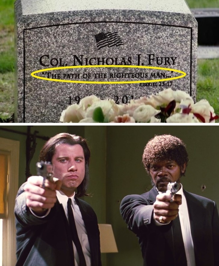 8. - W filmie „Kapitan Ameryka: Zimowy Żołnierz” na nagrobku Nicka Fury'ego widzimy napis „The path of the righteous man...” Jest to nawiązanie do sławnego cytatu Julesa z „Pulp Fiction.” W obie role wcielił się Samuel L. Jackson.