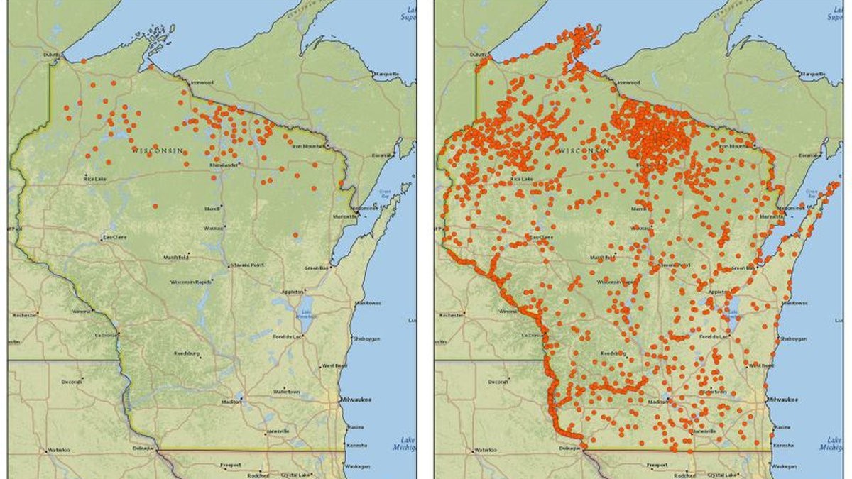 3. Zamieszkane gniazda bielika amerykańskiego w stanie Wisconsin - 1974 vs 2019