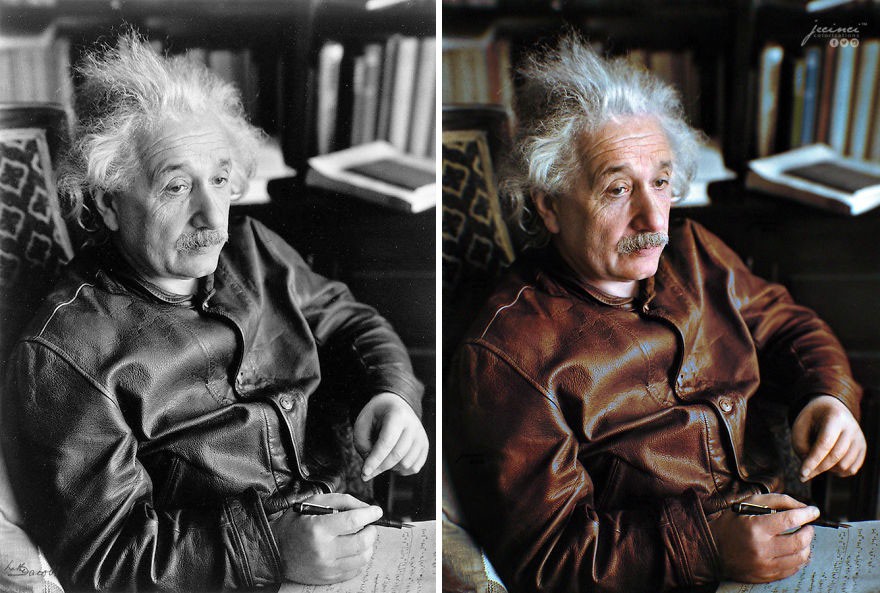 Albert Einstein w swojej skórzanej kurtce Levi "Menlo Cossack", 1938