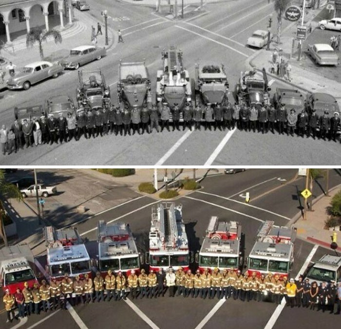 17. Grupowe zdjęcie strażaków z Redlands w Kalifornii, 1958 vs 2012