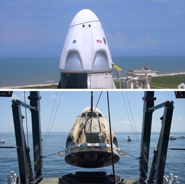 Statek kosmiczny SpaceX Dragon przed i po ukończeniu lotu