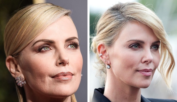 Charlize Theron wydycha powietrze przez usta.