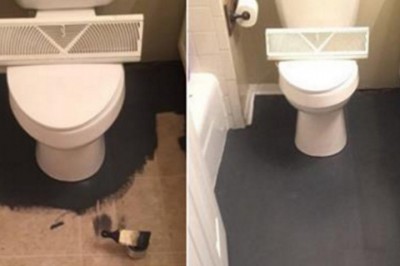 Nie mogła już patrzeć na stare płytki więc pomalowała podłogę na czarno! Gdy zobaczyłam efekt końcowy-WOW!