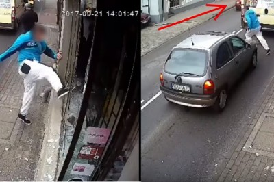 Chuligan wybija szybę w sklepowej witrynie i grozi przechodniom! Chwile później spotka go bolesna kara! 