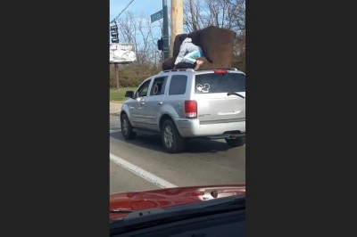 Janusze transportu w akcji. Siedział na kanapie umieszczonej na dachu SUVa