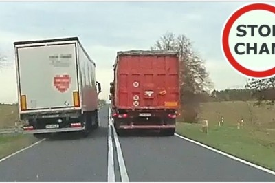 Wyprzedzanie TIRem na czołówkę na skrzyżowaniu pod górkę