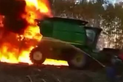 Ziomek chciał się popisać ognistą zmianą opony w kombajnie