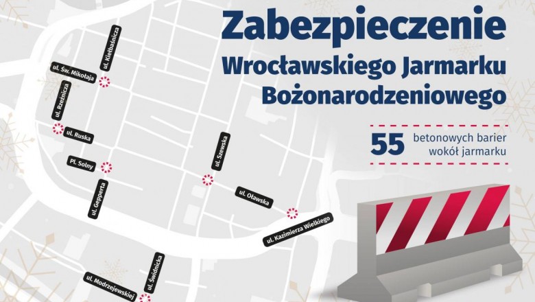 55 betonowych zapór zabezpieczy Wrocławski Jarmark Bożonarodzeniowy