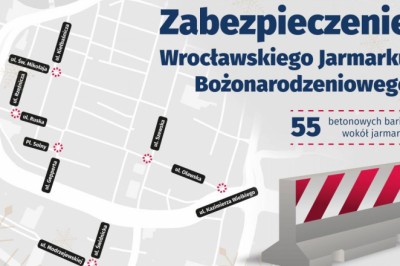 55 betonowych zapór zabezpieczy Wrocławski Jarmark Bożonarodzeniowy