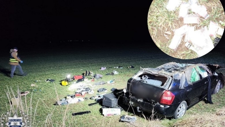 Auto niczym urodzinowa piniata. Po dachowaniu z wraku wysypały się woreczki strunowe z białą zawartością, a 46-latek trafił do aresztu