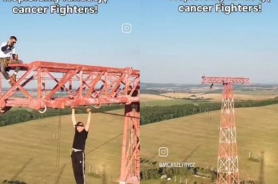 Ten sam gość, który wspiął się po balkonach do Łatwoganga, teraz zwisa z masztu wysokiego napięcia.